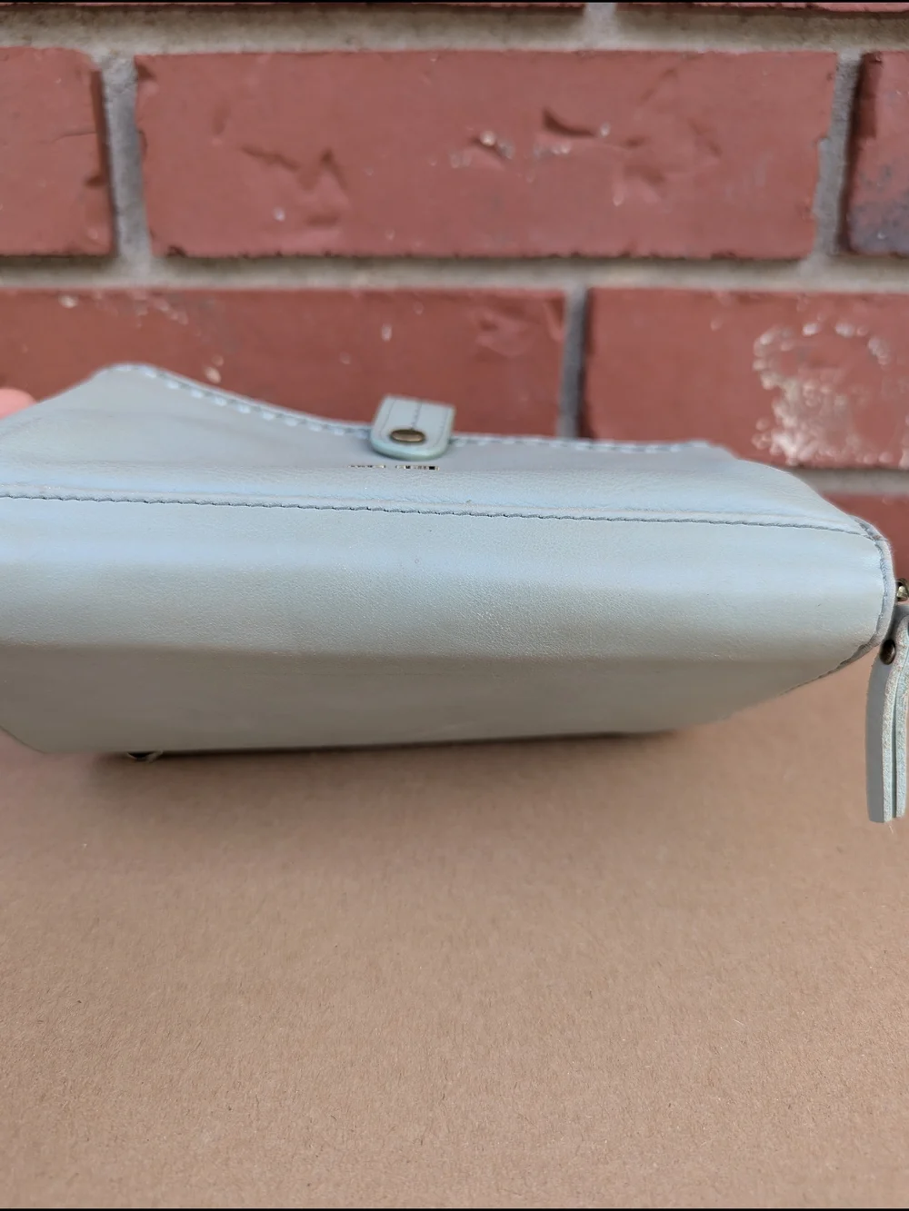 The Sak Iris Leather Large Smartphone Crossbody Wallet Sage Gray Wristlet Bag